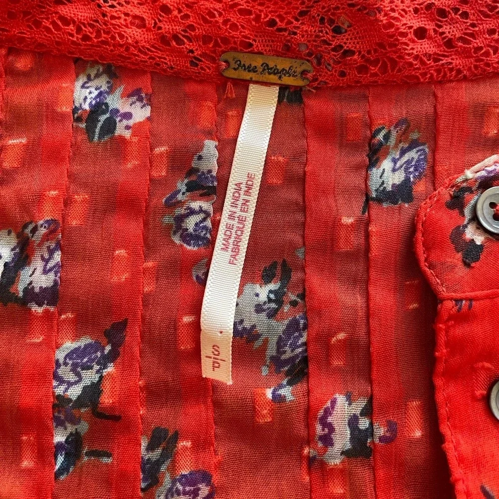 Free People Floral Blouse Womens S Red Cottagecore Pintuck Swiss Dot Sheer Top
